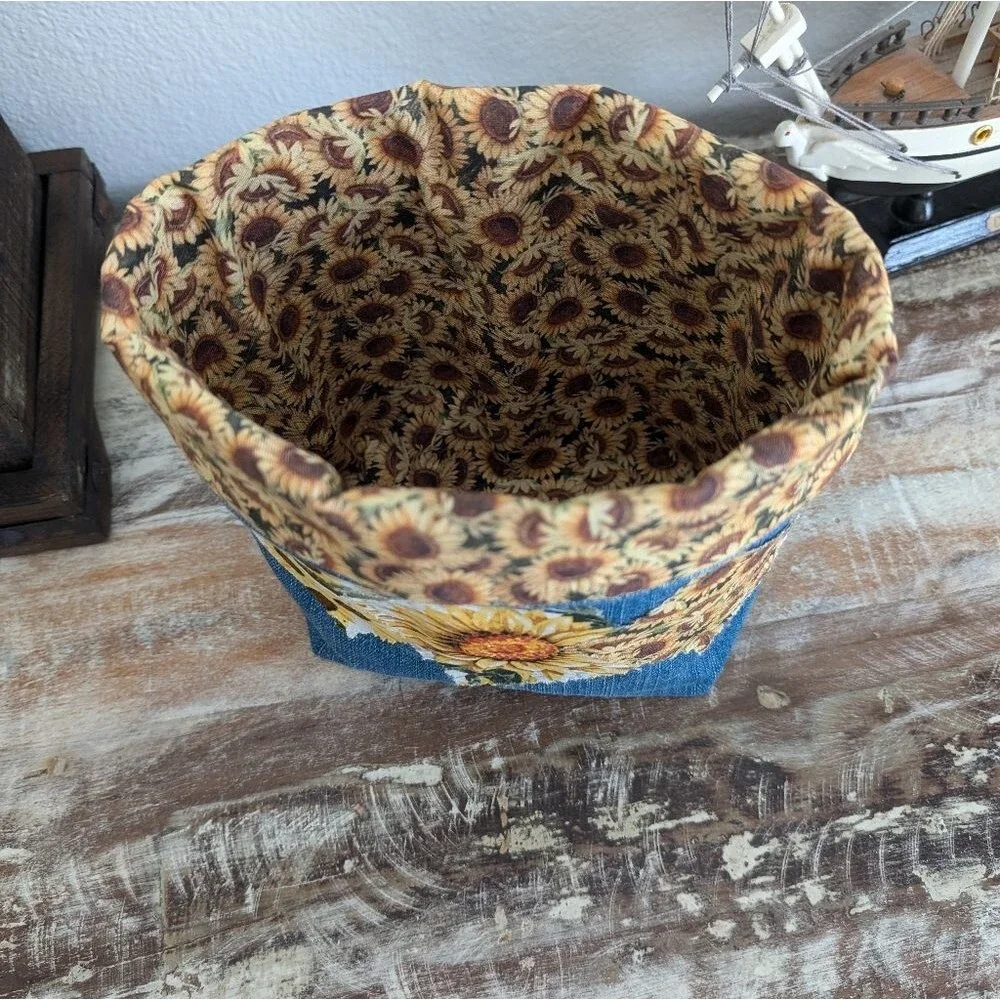 Hand Crafted Sunflower/Recycled Denim Basket/Bin